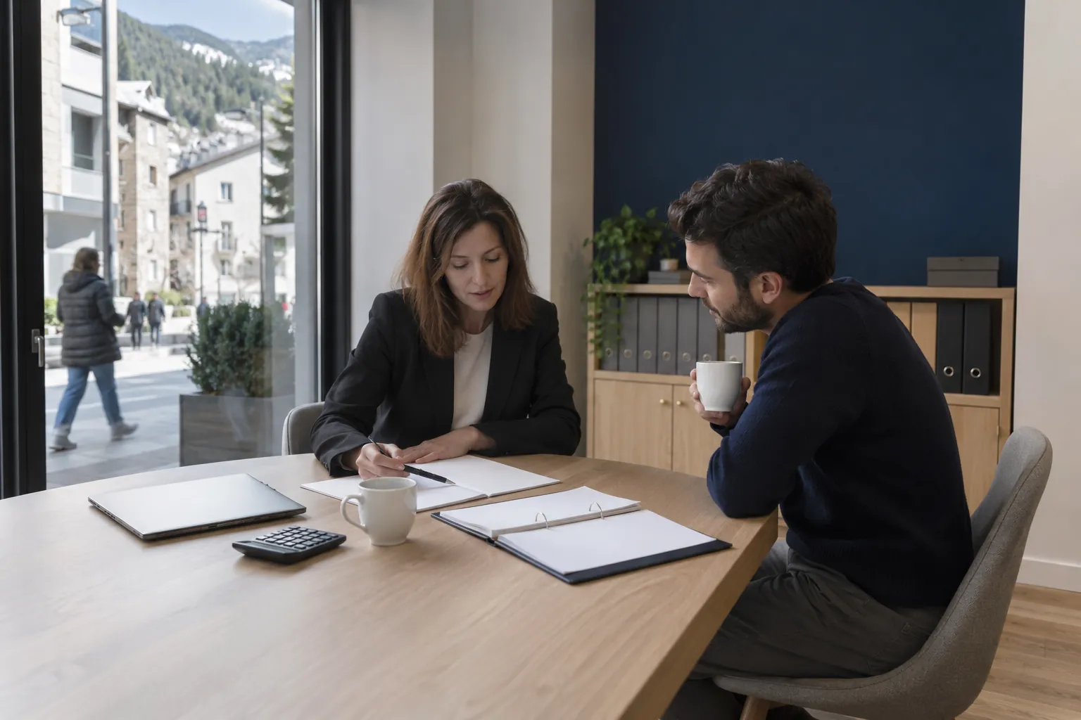 Assessoria revisant la comptabilitat amb un client al coworking d'Escaldes-Engordany